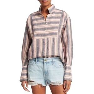 Frame Linen Striped Bib Long Sleeve Shirt Natural Multi Medium